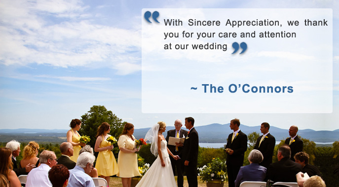 A bride and groom in the midst of a ceremony with an accompanying testimonial quote