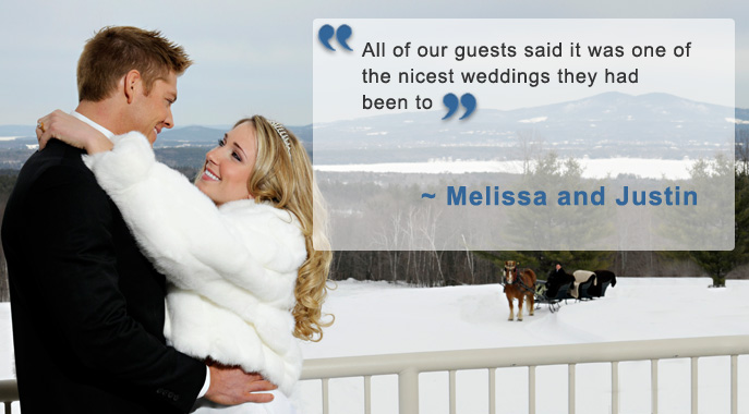 A wedding couple embraces infront of a snowy scene with a testimonial quote