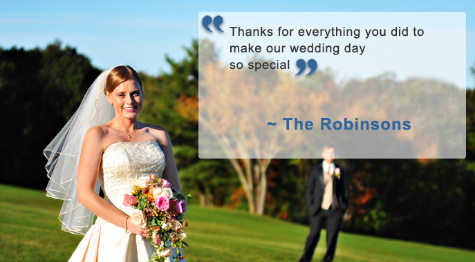 A smiling bride and an accompanying testimonial quote