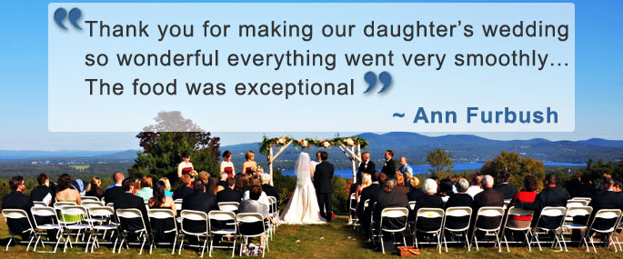 A wedding ceremony overlooking Lake Winnisquam with a testimonial quote.